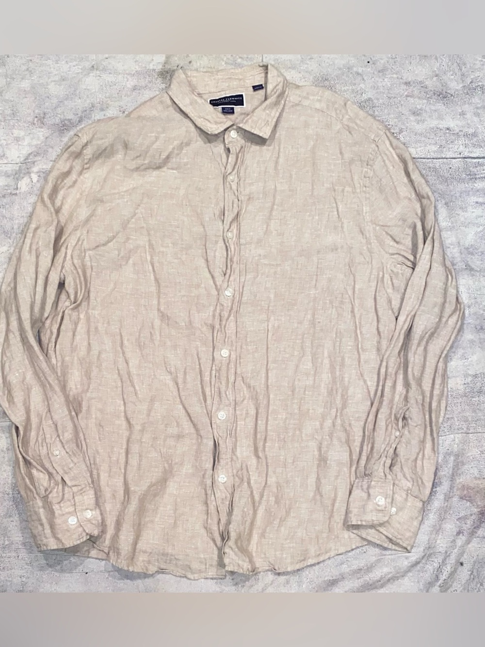 Charles Tyrwhitt 100% Linen Button Up Down Long Sleeve Shirt Tan Brown Slub XL